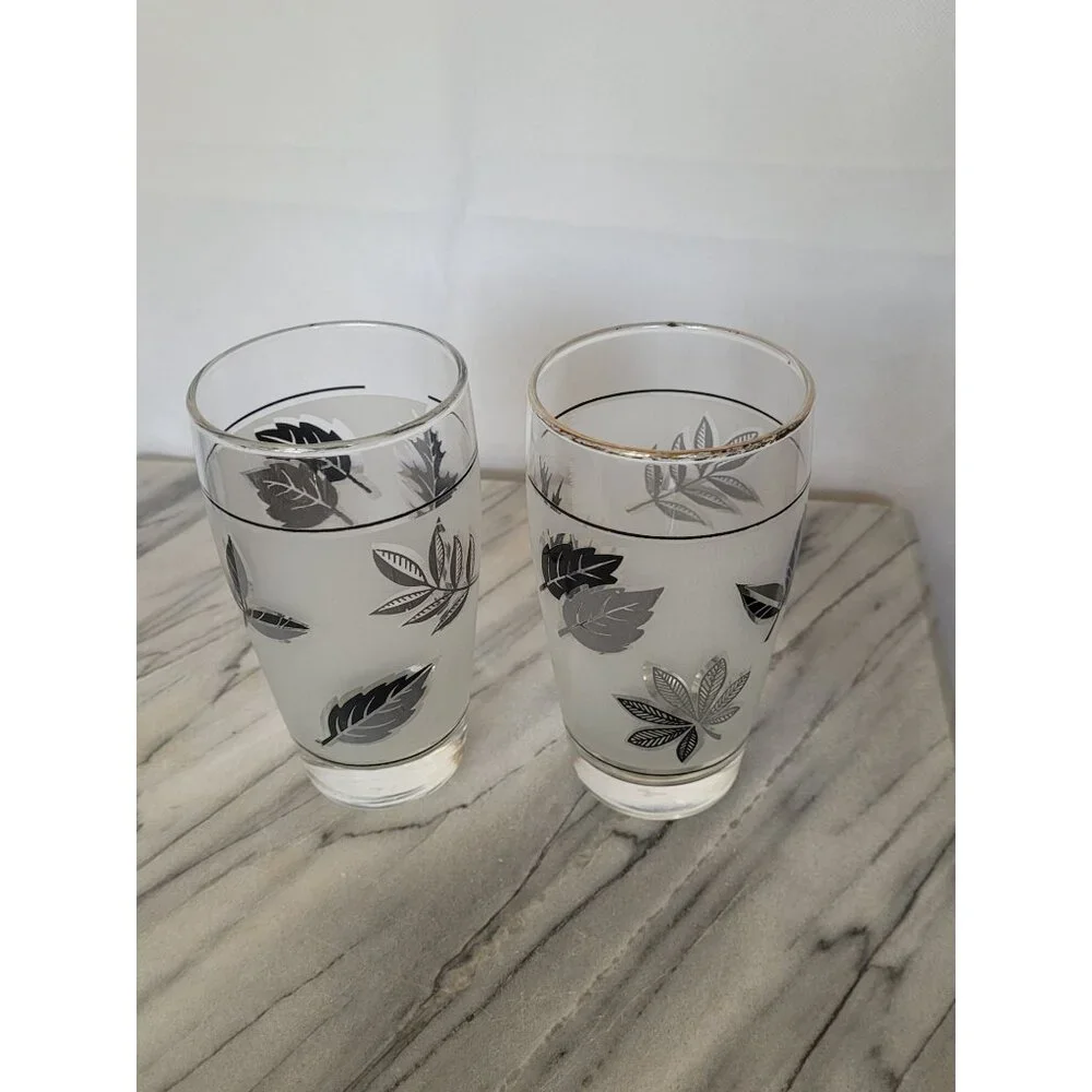 Vintage 1960's 12 Ounce Libby Frosted Silver Leaf Tumblers Glasses 5 & 1/4